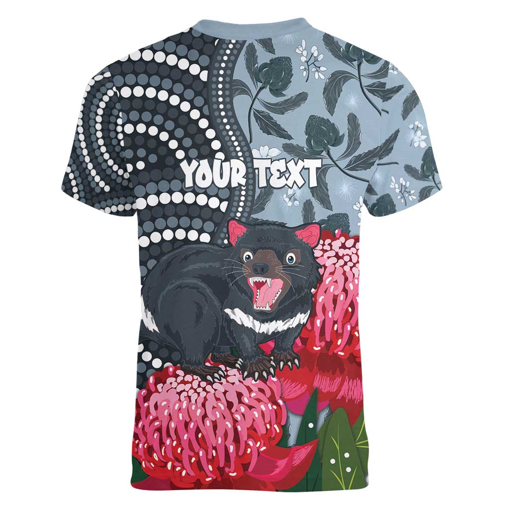 Personalised Tasmanian Devil Australia Women V-Neck T-Shirt Waratah Indigenous Art - Aussie Hoodie