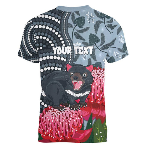 Personalised Tasmanian Devil Australia Women V-Neck T-Shirt Waratah Indigenous Art - Aussie Hoodie