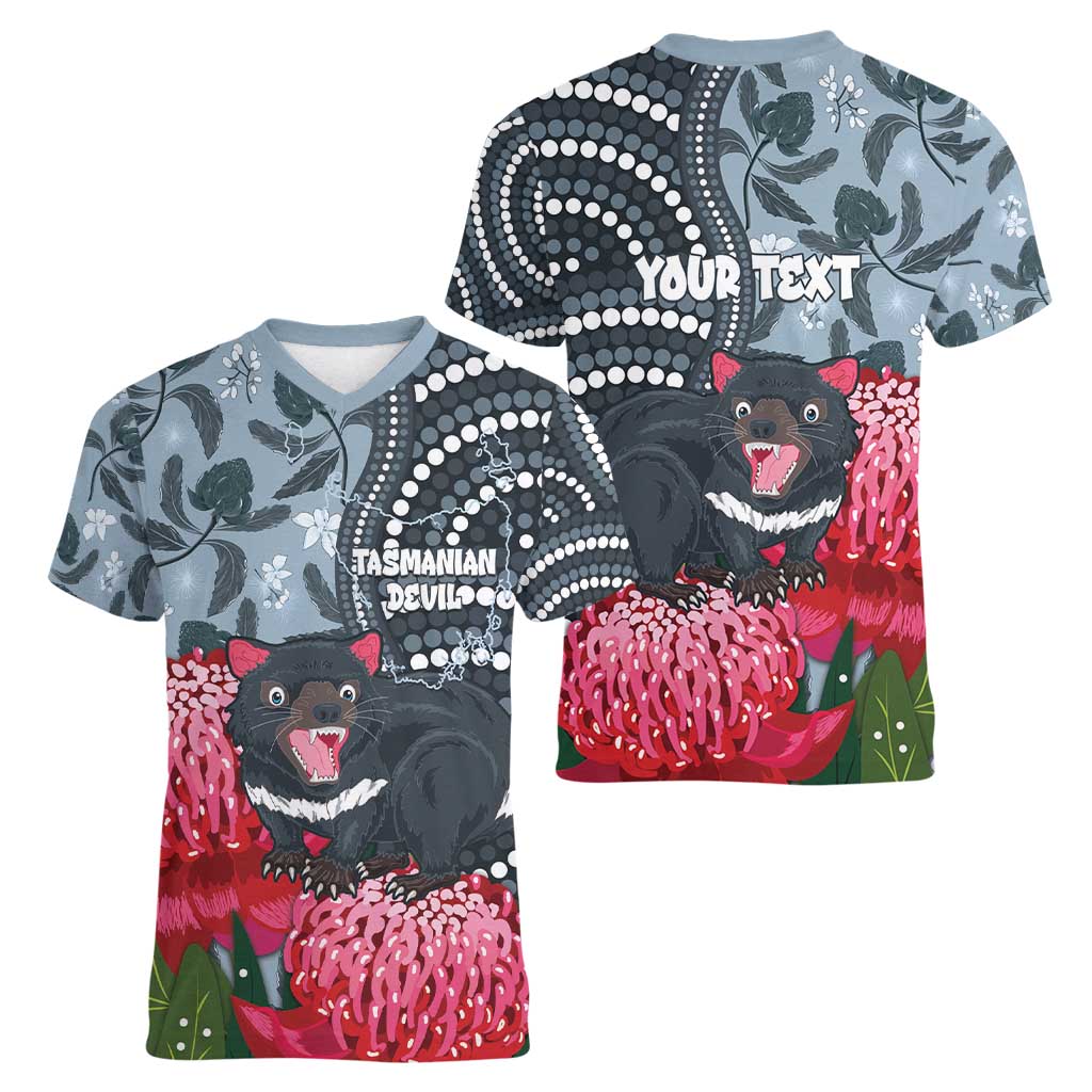 Personalised Tasmanian Devil Australia Women V-Neck T-Shirt Waratah Indigenous Art - Aussie Hoodie