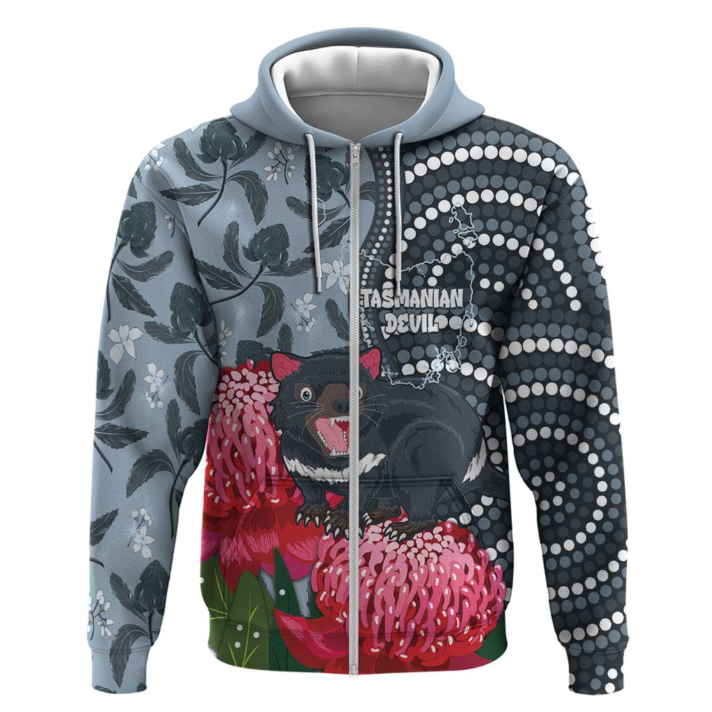 Personalised Tasmanian Devil Australia Zip Hoodie Waratah Indigenous Art - Aussie Hoodie