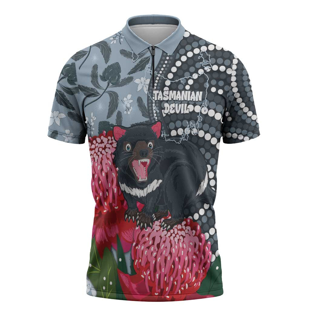 Personalised Tasmanian Devil Australia Zipper Polo Shirt Waratah Indigenous Art - Aussie Hoodie