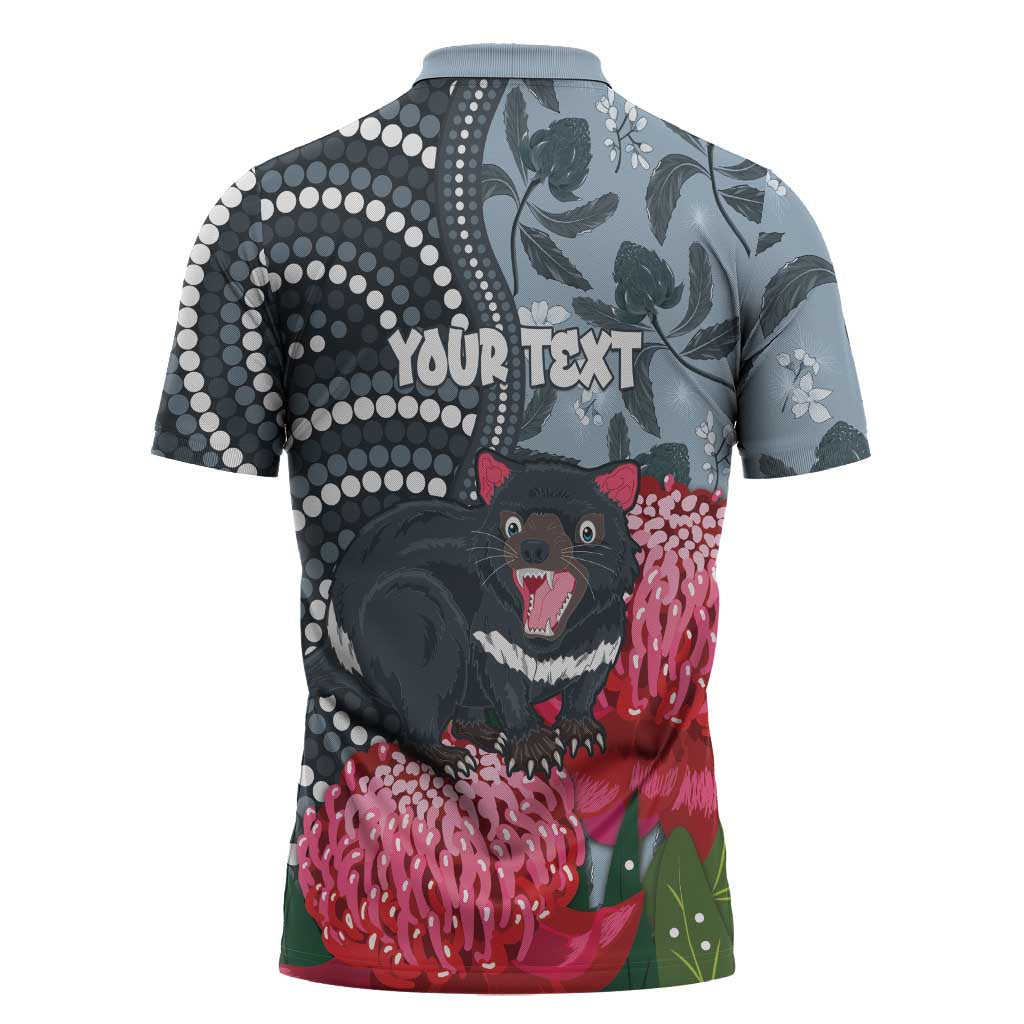 Personalised Tasmanian Devil Australia Zipper Polo Shirt Waratah Indigenous Art - Aussie Hoodie