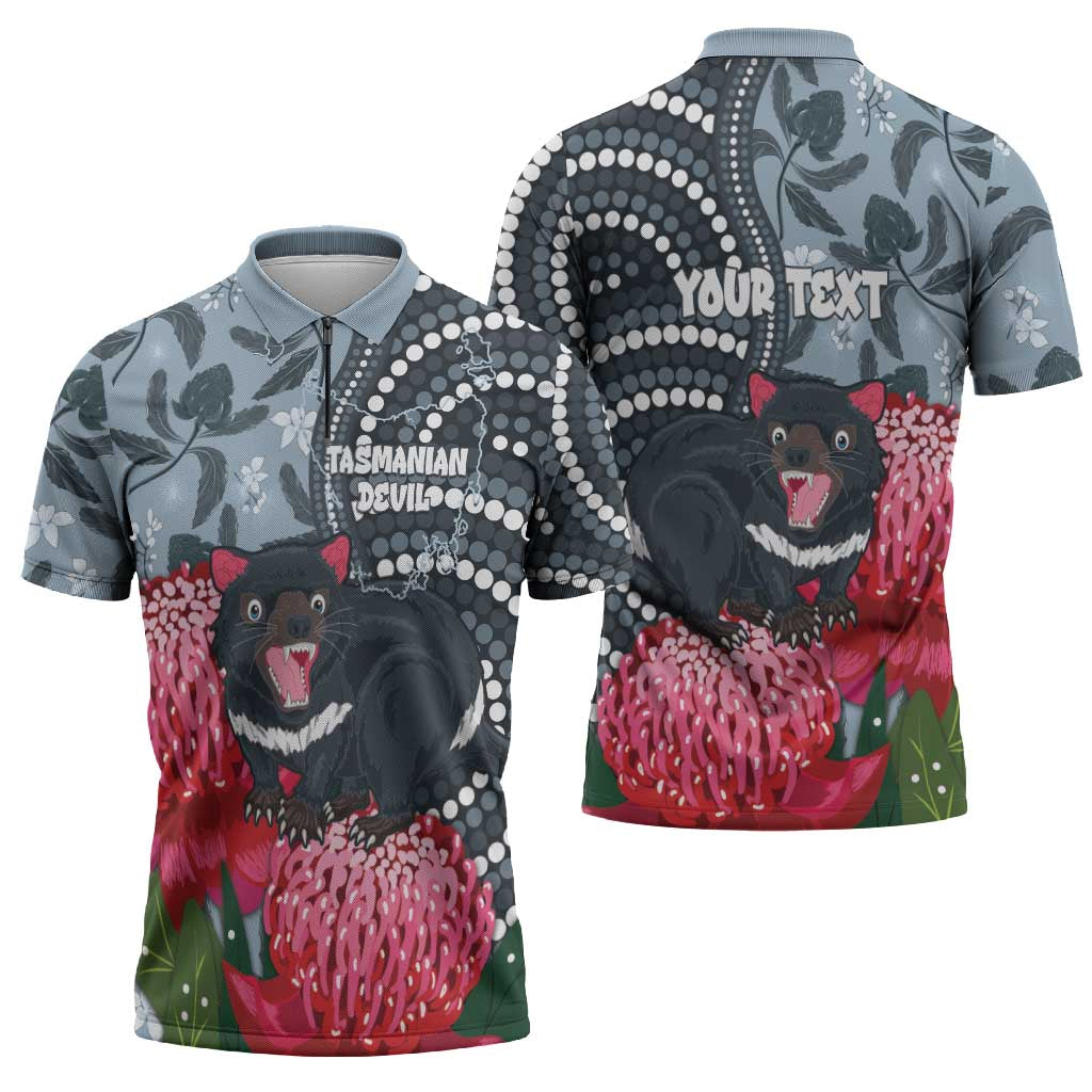 Personalised Tasmanian Devil Australia Zipper Polo Shirt Waratah Indigenous Art - Aussie Hoodie