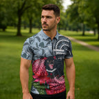 Personalised Tasmanian Devil Australia Zipper Polo Shirt Waratah Indigenous Art - Aussie Hoodie