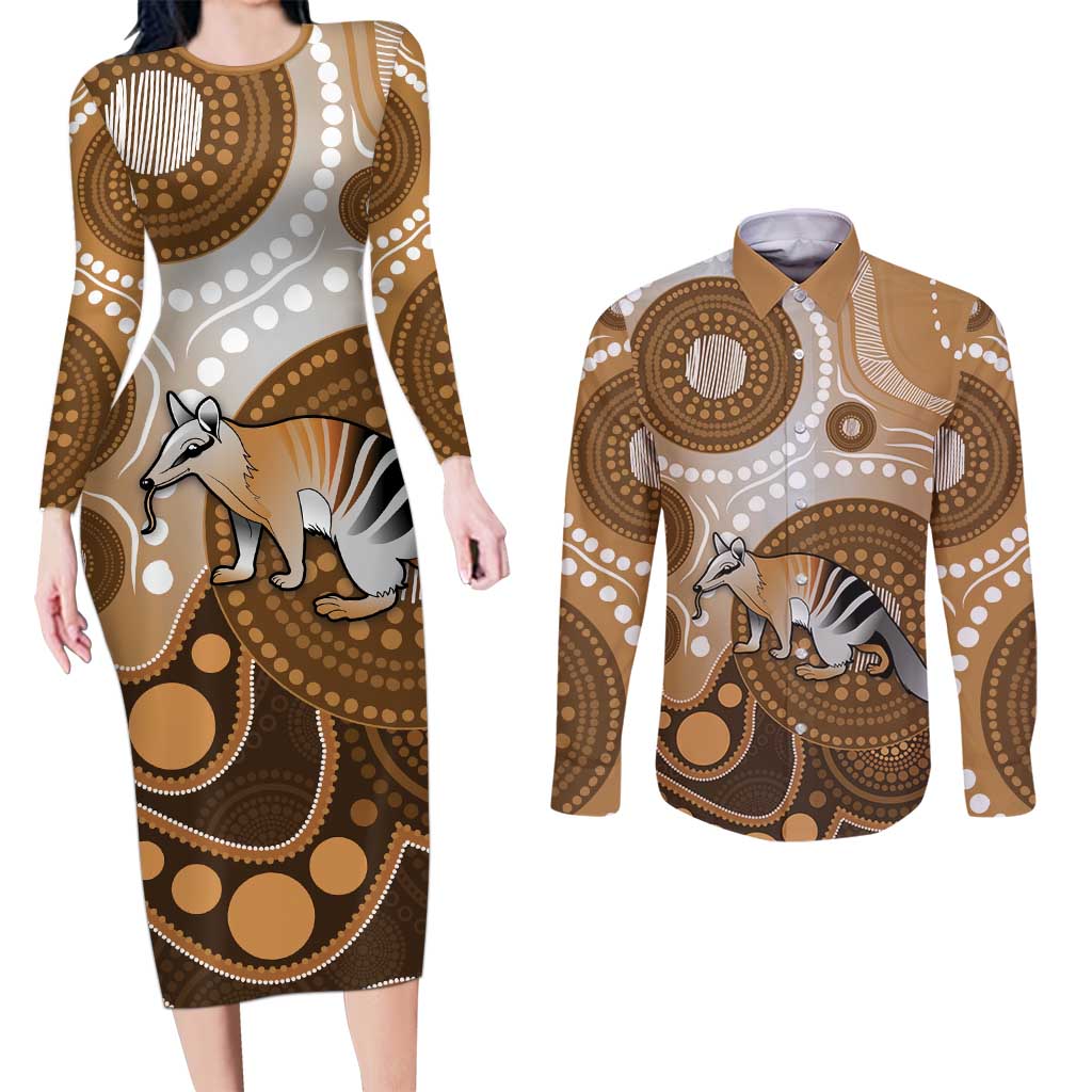 Numbat Australia Couples Matching Long Sleeve Bodycon Dress and Long Sleeve Button Shirt Myrmecobius Fasciatus Indigenous Art - Aussie Hoodie