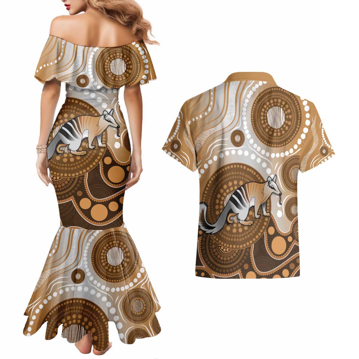 Numbat Australia Couples Matching Mermaid Dress and Hawaiian Shirt Myrmecobius Fasciatus Indigenous Art - Aussie Hoodie