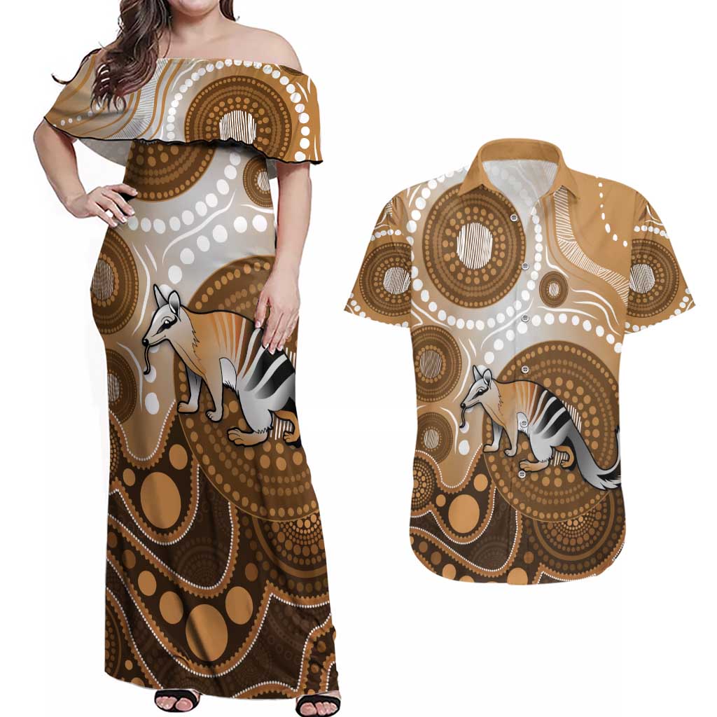 Numbat Australia Couples Matching Off Shoulder Maxi Dress and Hawaiian Shirt Myrmecobius Fasciatus Indigenous Art - Aussie Hoodie