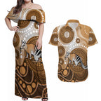 Numbat Australia Couples Matching Off Shoulder Maxi Dress and Hawaiian Shirt Myrmecobius Fasciatus Indigenous Art - Aussie Hoodie