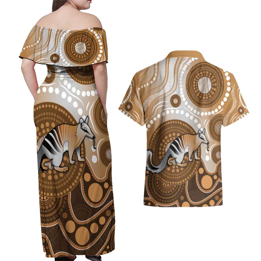 Numbat Australia Couples Matching Off Shoulder Maxi Dress and Hawaiian Shirt Myrmecobius Fasciatus Indigenous Art - Aussie Hoodie