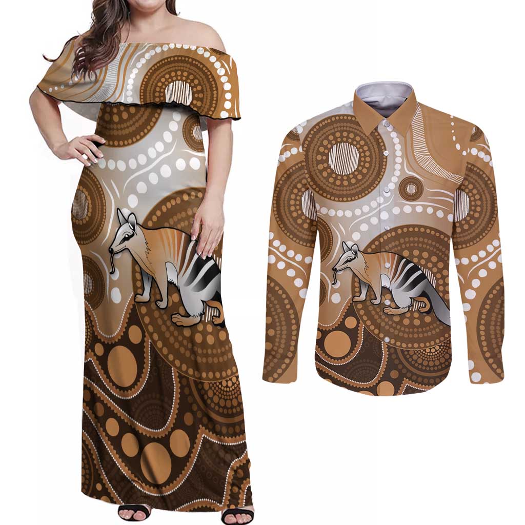 Numbat Australia Couples Matching Off Shoulder Maxi Dress and Long Sleeve Button Shirt Myrmecobius Fasciatus Indigenous Art - Aussie Hoodie