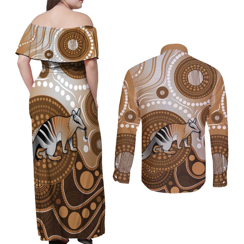Numbat Australia Couples Matching Off Shoulder Maxi Dress and Long Sleeve Button Shirt Myrmecobius Fasciatus Indigenous Art - Aussie Hoodie