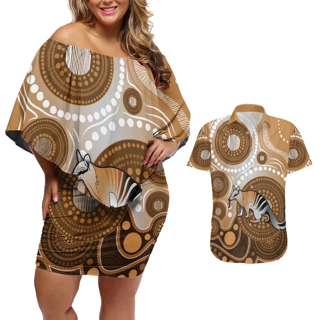 Numbat Australia Couples Matching Off Shoulder Short Dress and Hawaiian Shirt Myrmecobius Fasciatus Indigenous Art - Aussie Hoodie
