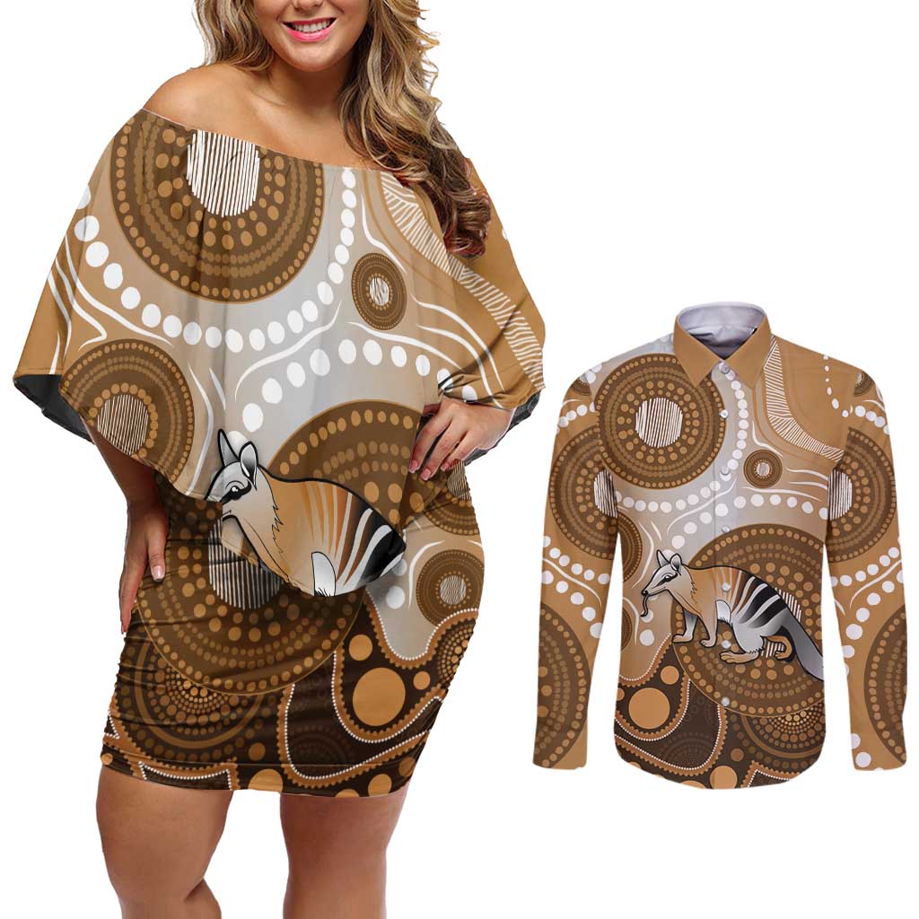 Numbat Australia Couples Matching Off Shoulder Short Dress and Long Sleeve Button Shirt Myrmecobius Fasciatus Indigenous Art - Aussie Hoodie