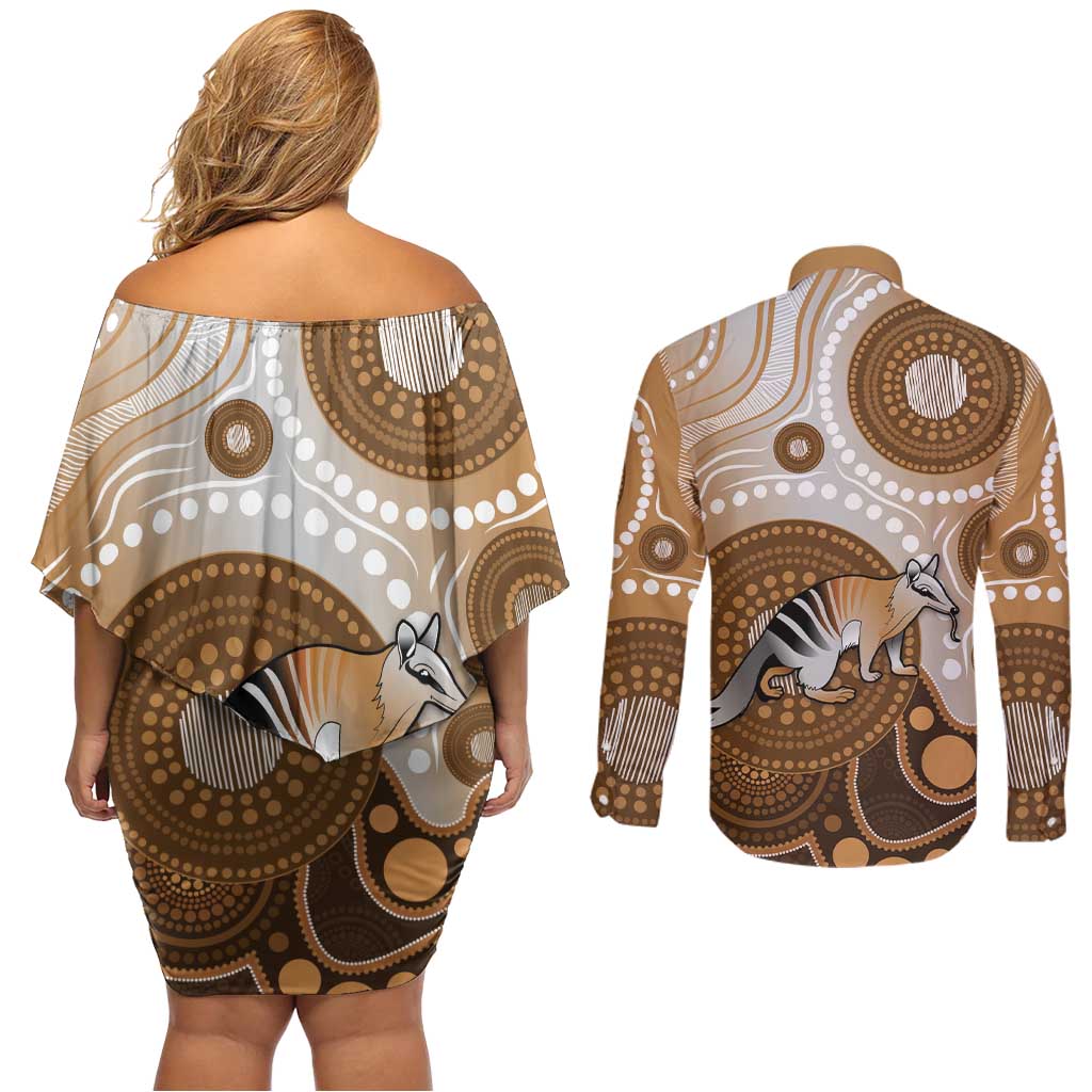 Numbat Australia Couples Matching Off Shoulder Short Dress and Long Sleeve Button Shirt Myrmecobius Fasciatus Indigenous Art - Aussie Hoodie