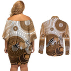 Numbat Australia Couples Matching Off Shoulder Short Dress and Long Sleeve Button Shirt Myrmecobius Fasciatus Indigenous Art - Aussie Hoodie