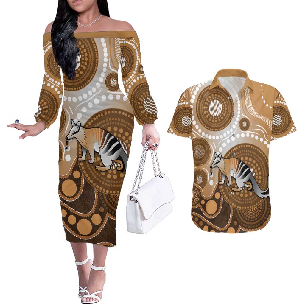 Numbat Australia Couples Matching Off The Shoulder Long Sleeve Dress and Hawaiian Shirt Myrmecobius Fasciatus Indigenous Art - Aussie Hoodie