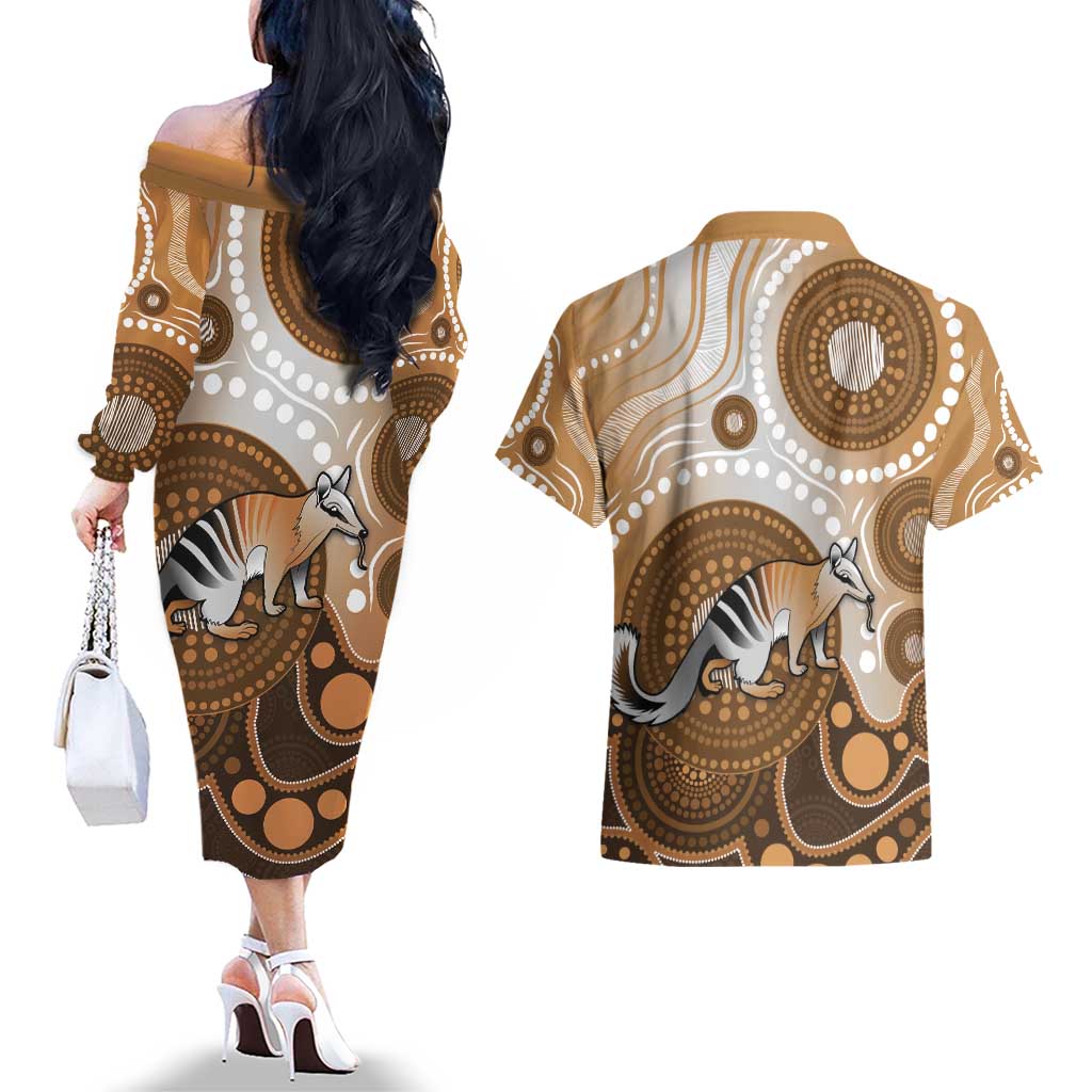 Numbat Australia Couples Matching Off The Shoulder Long Sleeve Dress and Hawaiian Shirt Myrmecobius Fasciatus Indigenous Art - Aussie Hoodie