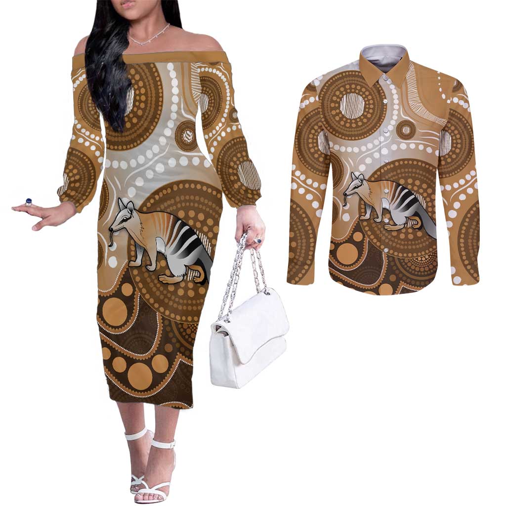 Numbat Australia Couples Matching Off The Shoulder Long Sleeve Dress and Long Sleeve Button Shirt Myrmecobius Fasciatus Indigenous Art - Aussie Hoodie