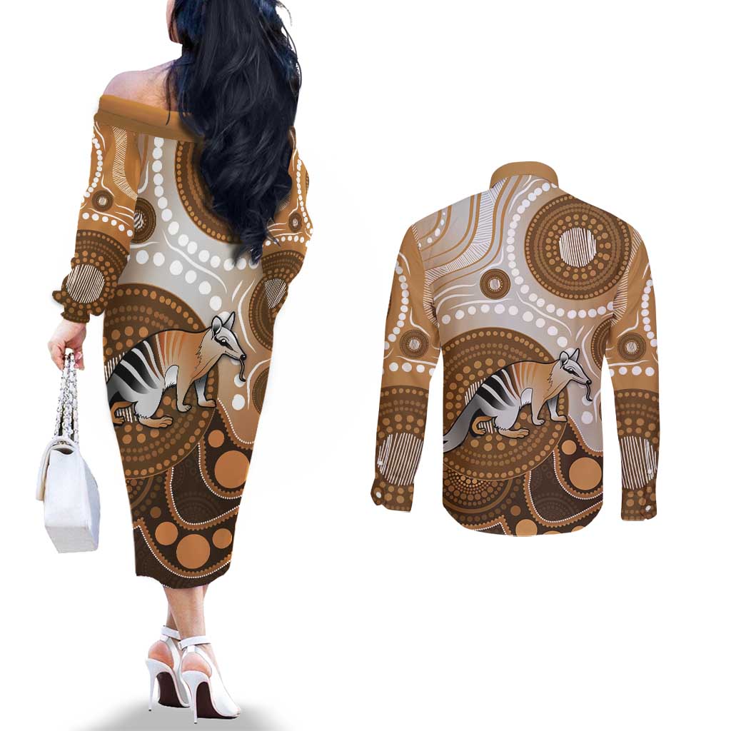 Numbat Australia Couples Matching Off The Shoulder Long Sleeve Dress and Long Sleeve Button Shirt Myrmecobius Fasciatus Indigenous Art - Aussie Hoodie