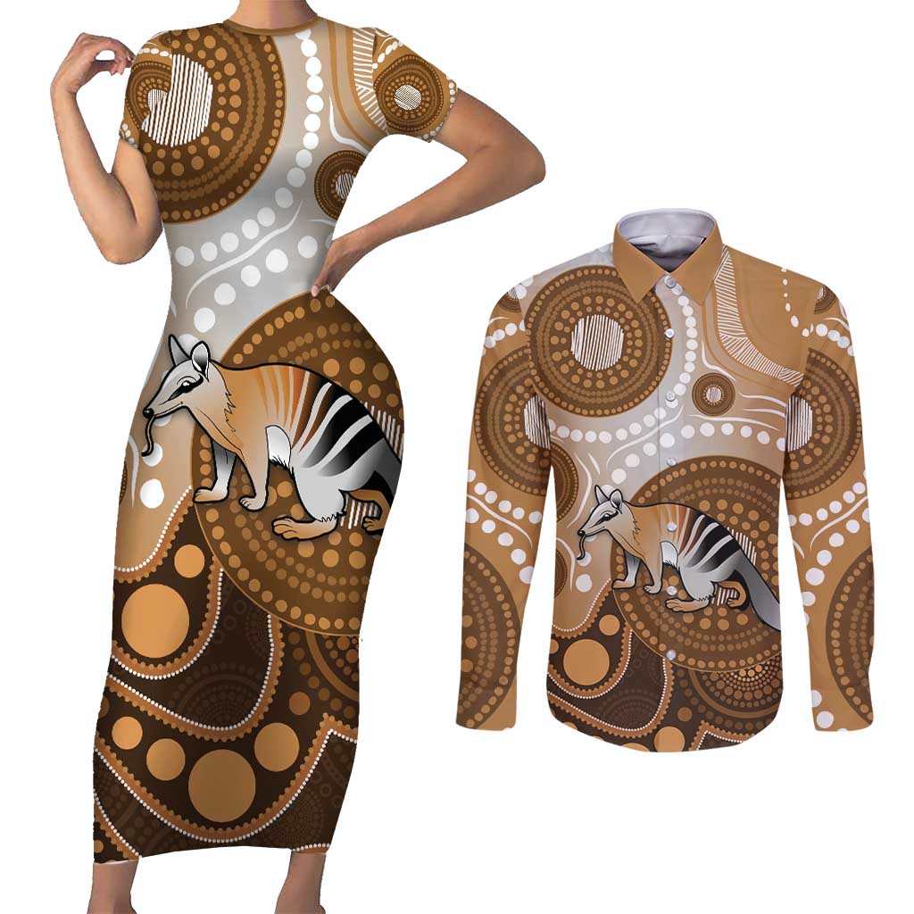 Numbat Australia Couples Matching Short Sleeve Bodycon Dress and Long Sleeve Button Shirt Myrmecobius Fasciatus Indigenous Art - Aussie Hoodie