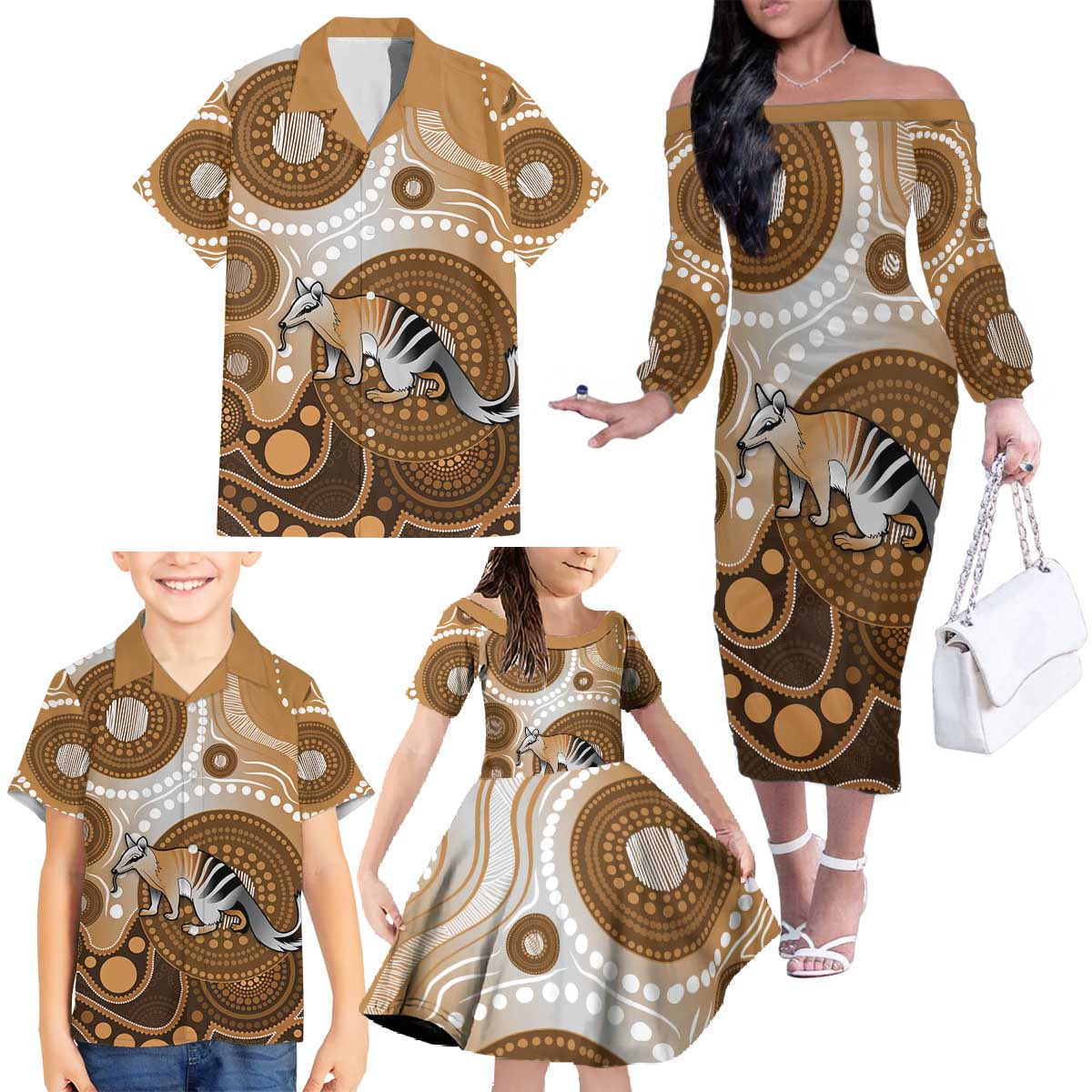 Numbat Australia Family Matching Off The Shoulder Long Sleeve Dress and Hawaiian Shirt Myrmecobius Fasciatus Indigenous Art - Aussie Hoodie