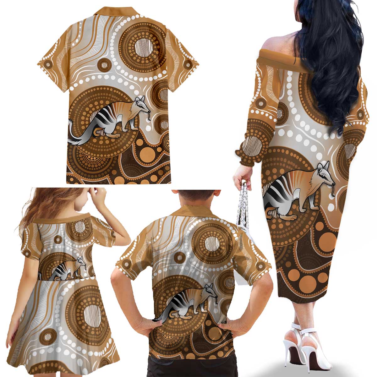 Numbat Australia Family Matching Off The Shoulder Long Sleeve Dress and Hawaiian Shirt Myrmecobius Fasciatus Indigenous Art - Aussie Hoodie
