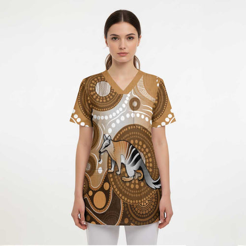 Numbat Australia Scrub Top Myrmecobius Fasciatus Indigenous Art - Aussie Hoodie