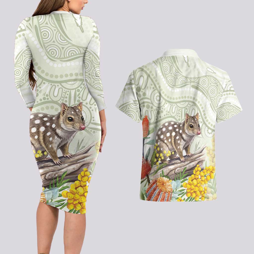 Eastern Quoll Australia Couples Matching Long Sleeve Bodycon Dress and Hawaiian Shirt Watercolor National Flowers Indigenous Art - Aussie Hoodie