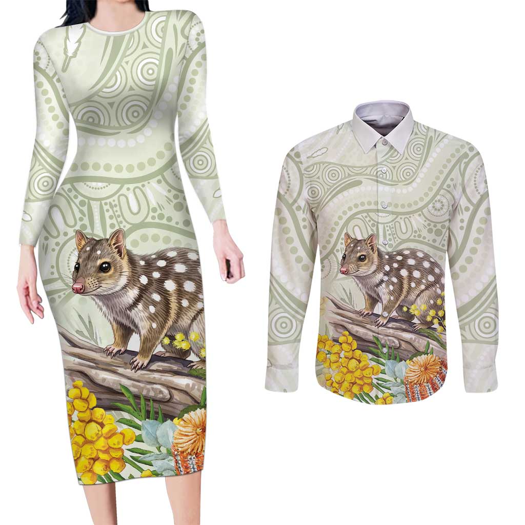 Eastern Quoll Australia Couples Matching Long Sleeve Bodycon Dress and Long Sleeve Button Shirt Watercolor National Flowers Indigenous Art - Aussie Hoodie