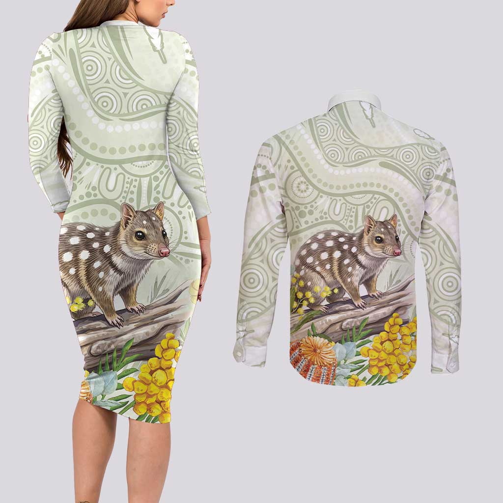 Eastern Quoll Australia Couples Matching Long Sleeve Bodycon Dress and Long Sleeve Button Shirt Watercolor National Flowers Indigenous Art - Aussie Hoodie