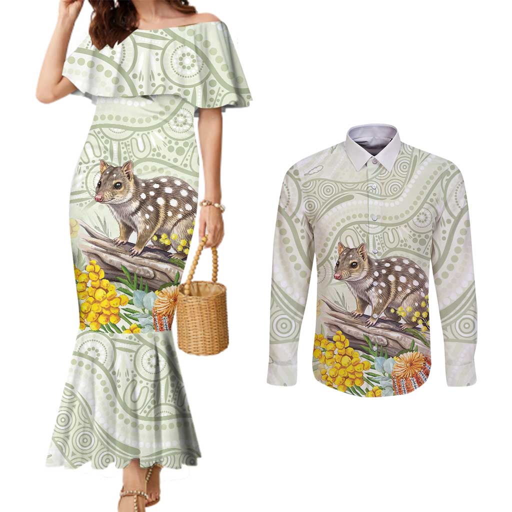 Eastern Quoll Australia Couples Matching Mermaid Dress and Long Sleeve Button Shirt Watercolor National Flowers Indigenous Art - Aussie Hoodie