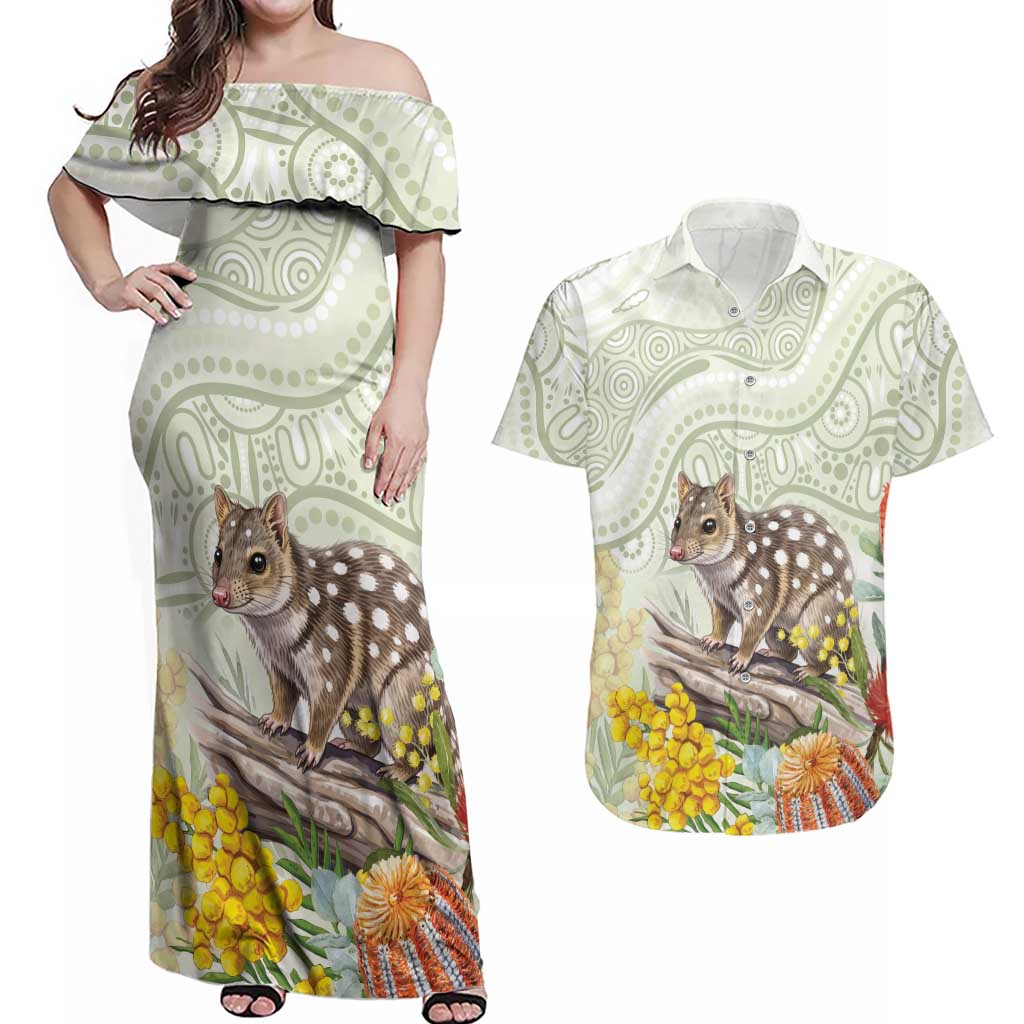 Eastern Quoll Australia Couples Matching Off Shoulder Maxi Dress and Hawaiian Shirt Watercolor National Flowers Indigenous Art - Aussie Hoodie
