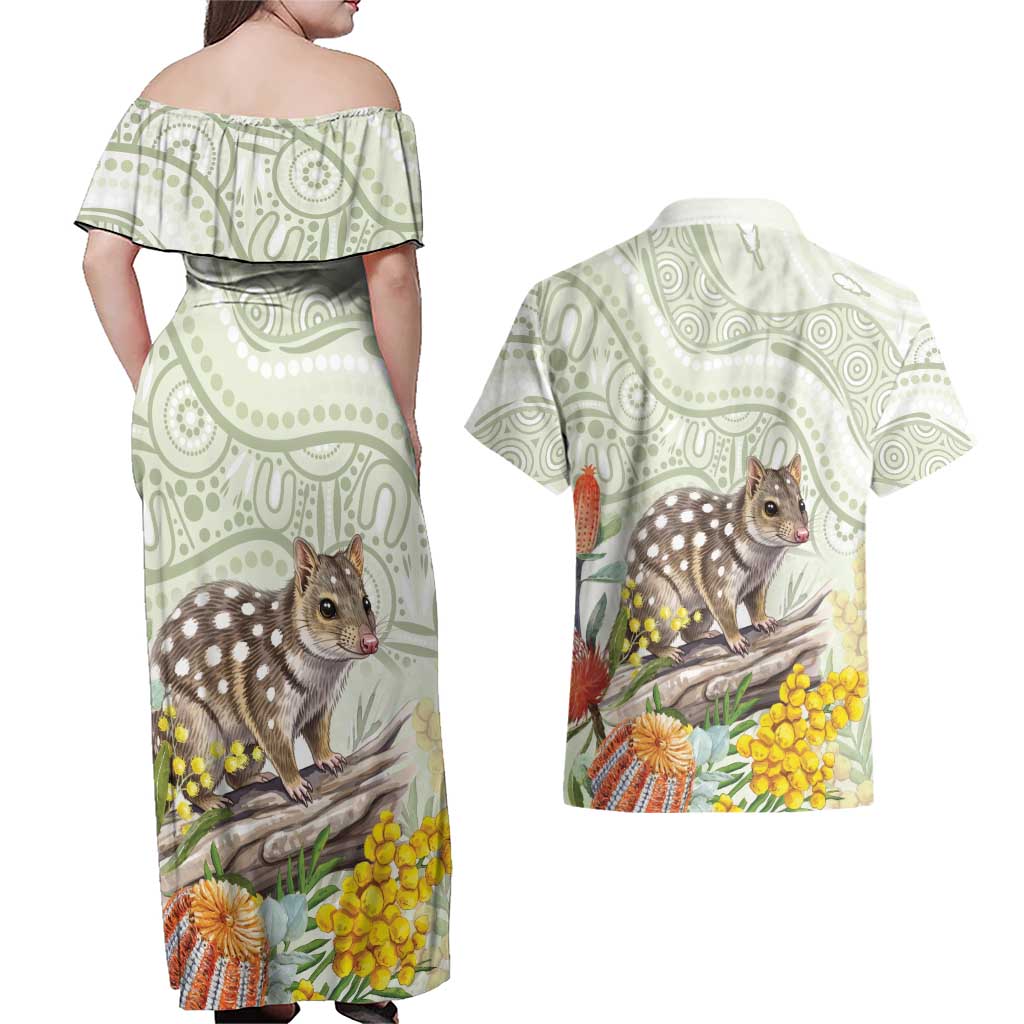 Eastern Quoll Australia Couples Matching Off Shoulder Maxi Dress and Hawaiian Shirt Watercolor National Flowers Indigenous Art - Aussie Hoodie