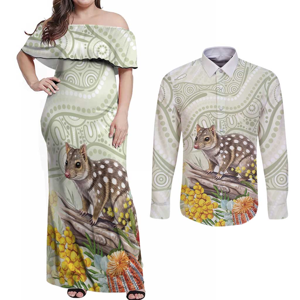 Eastern Quoll Australia Couples Matching Off Shoulder Maxi Dress and Long Sleeve Button Shirt Watercolor National Flowers Indigenous Art - Aussie Hoodie