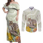 Eastern Quoll Australia Couples Matching Off Shoulder Maxi Dress and Long Sleeve Button Shirt Watercolor National Flowers Indigenous Art - Aussie Hoodie