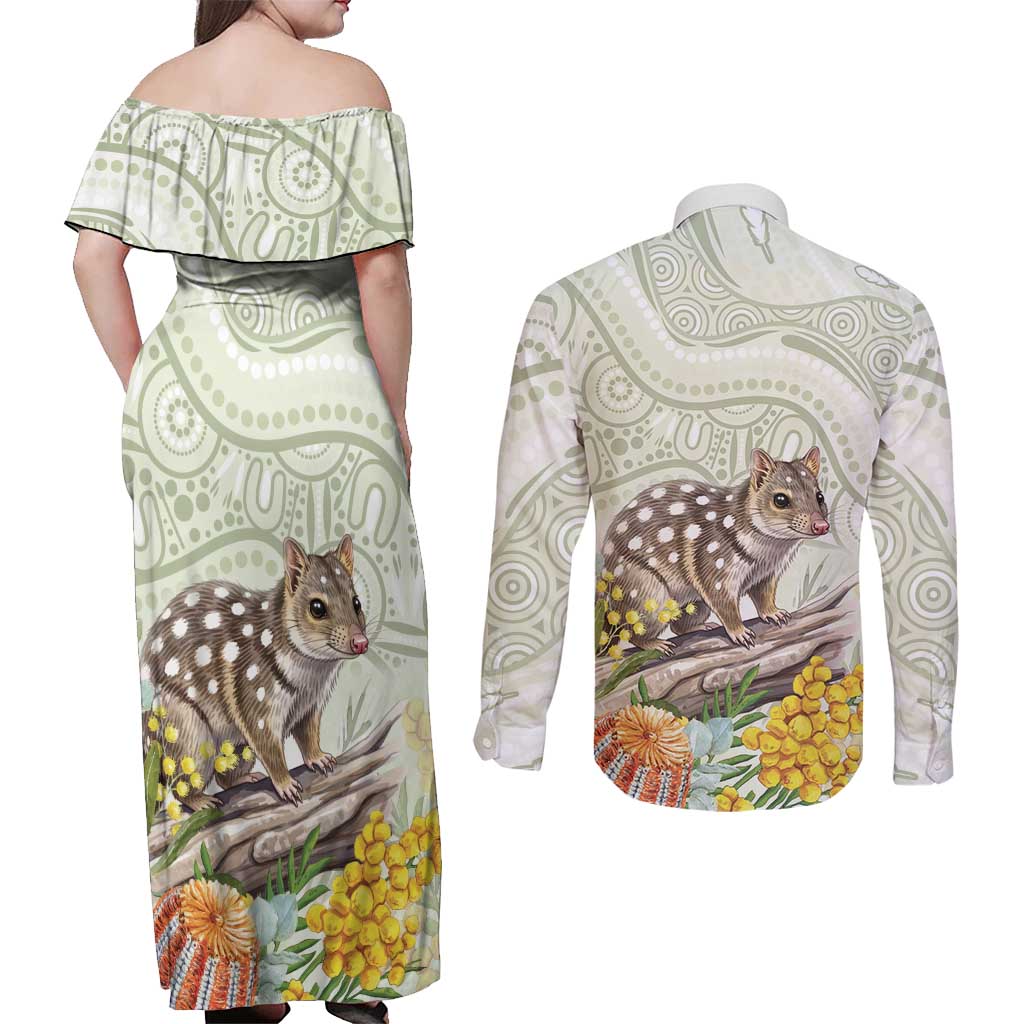 Eastern Quoll Australia Couples Matching Off Shoulder Maxi Dress and Long Sleeve Button Shirt Watercolor National Flowers Indigenous Art - Aussie Hoodie