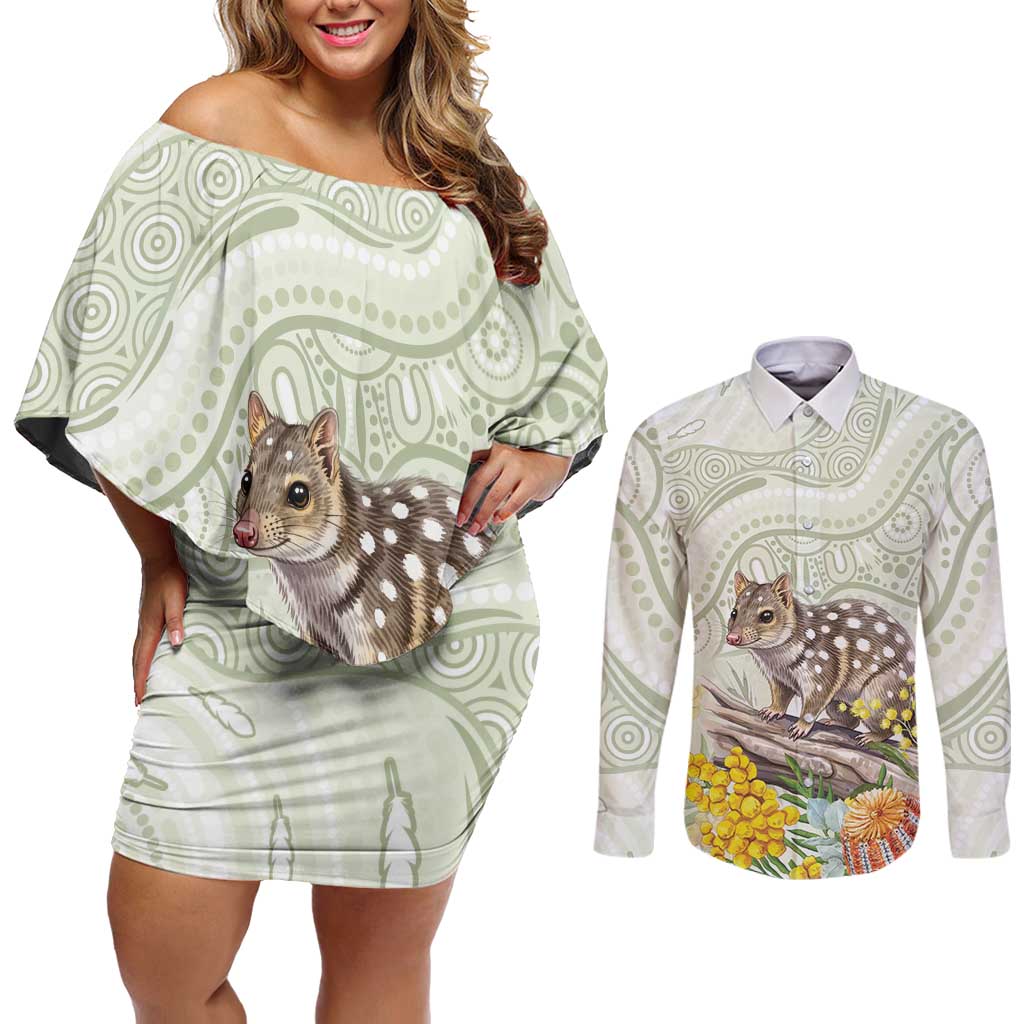 Eastern Quoll Australia Couples Matching Off Shoulder Short Dress and Long Sleeve Button Shirt Watercolor National Flowers Indigenous Art - Aussie Hoodie