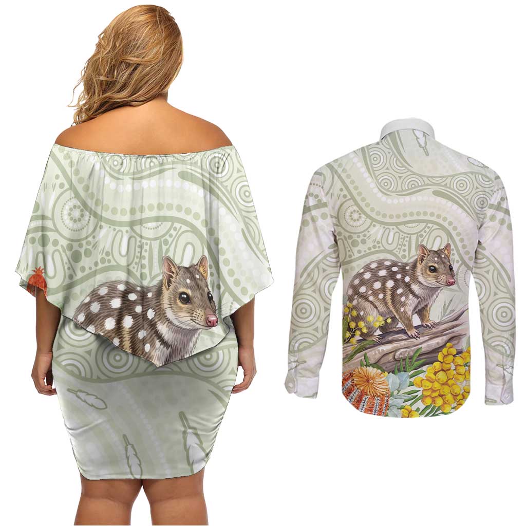 Eastern Quoll Australia Couples Matching Off Shoulder Short Dress and Long Sleeve Button Shirt Watercolor National Flowers Indigenous Art - Aussie Hoodie