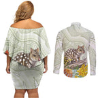 Eastern Quoll Australia Couples Matching Off Shoulder Short Dress and Long Sleeve Button Shirt Watercolor National Flowers Indigenous Art - Aussie Hoodie