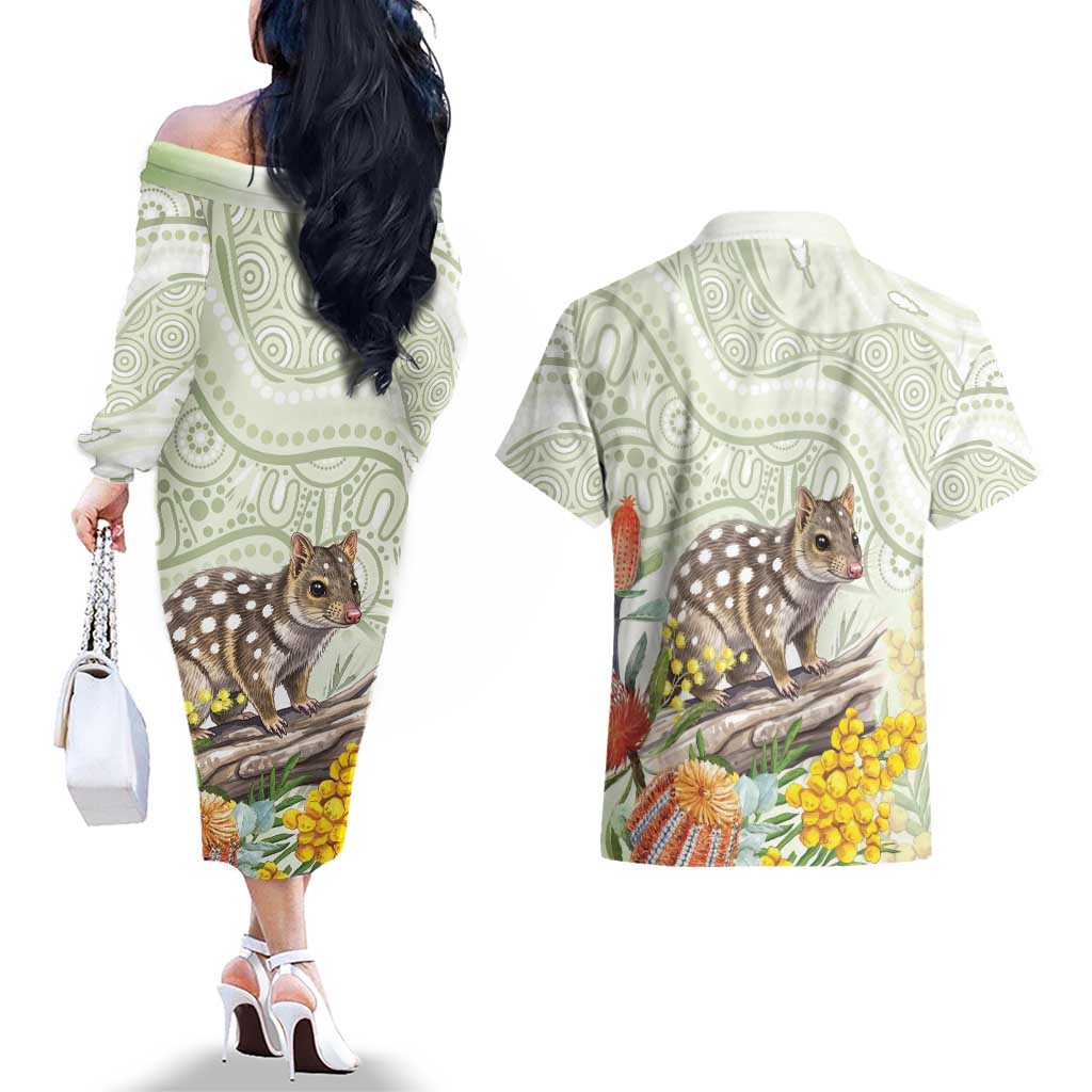 Eastern Quoll Australia Couples Matching Off The Shoulder Long Sleeve Dress and Hawaiian Shirt Watercolor National Flowers Indigenous Art - Aussie Hoodie