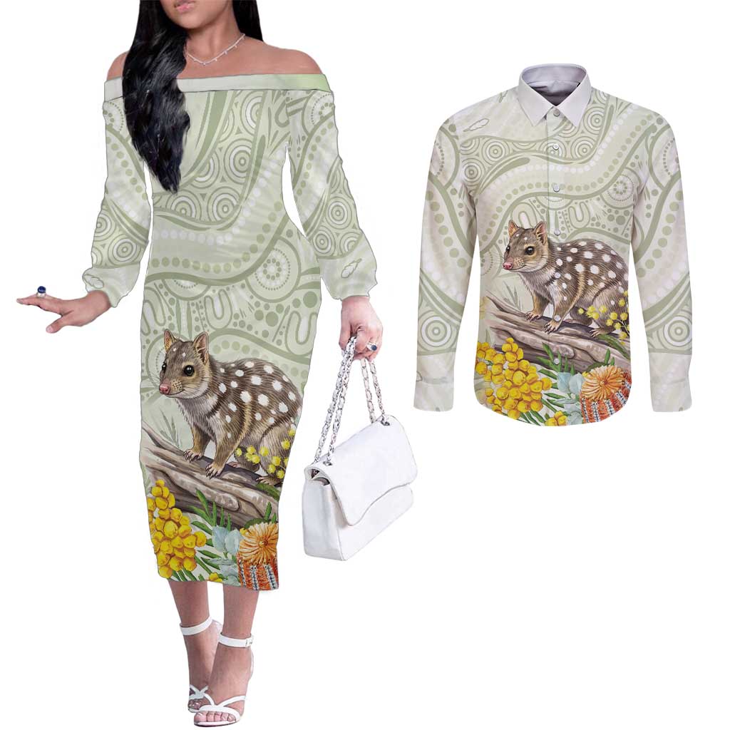 Eastern Quoll Australia Couples Matching Off The Shoulder Long Sleeve Dress and Long Sleeve Button Shirt Watercolor National Flowers Indigenous Art - Aussie Hoodie