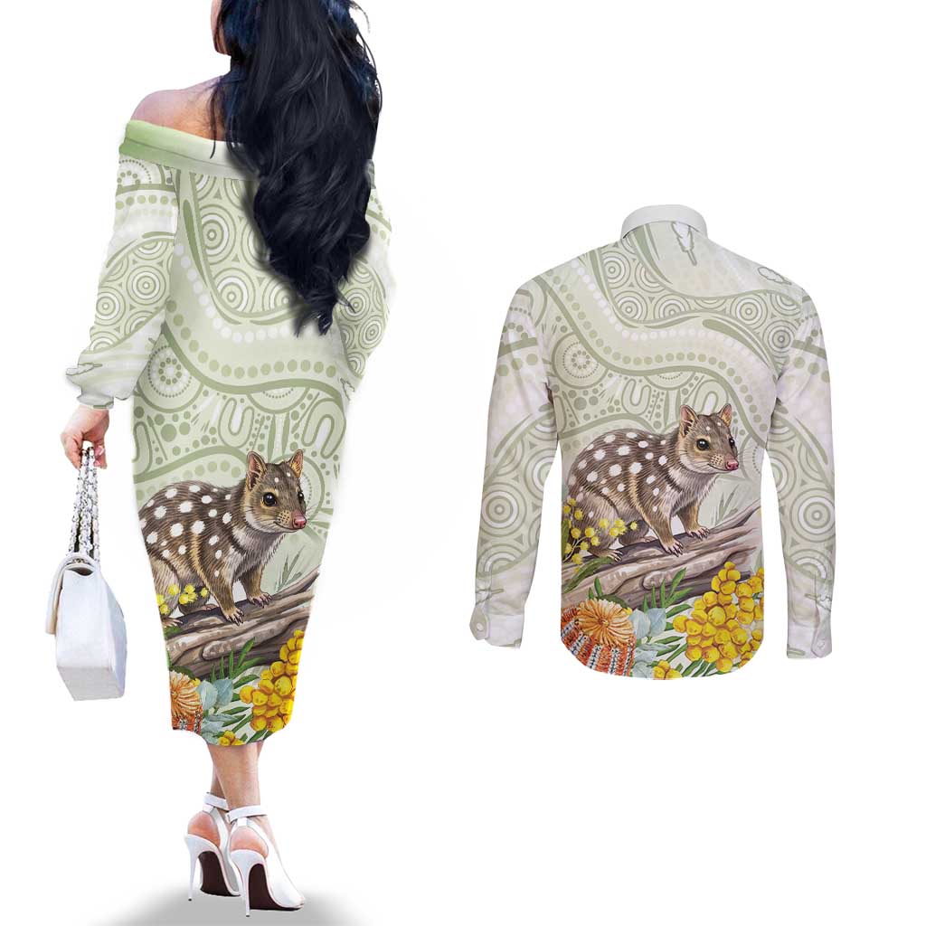 Eastern Quoll Australia Couples Matching Off The Shoulder Long Sleeve Dress and Long Sleeve Button Shirt Watercolor National Flowers Indigenous Art - Aussie Hoodie