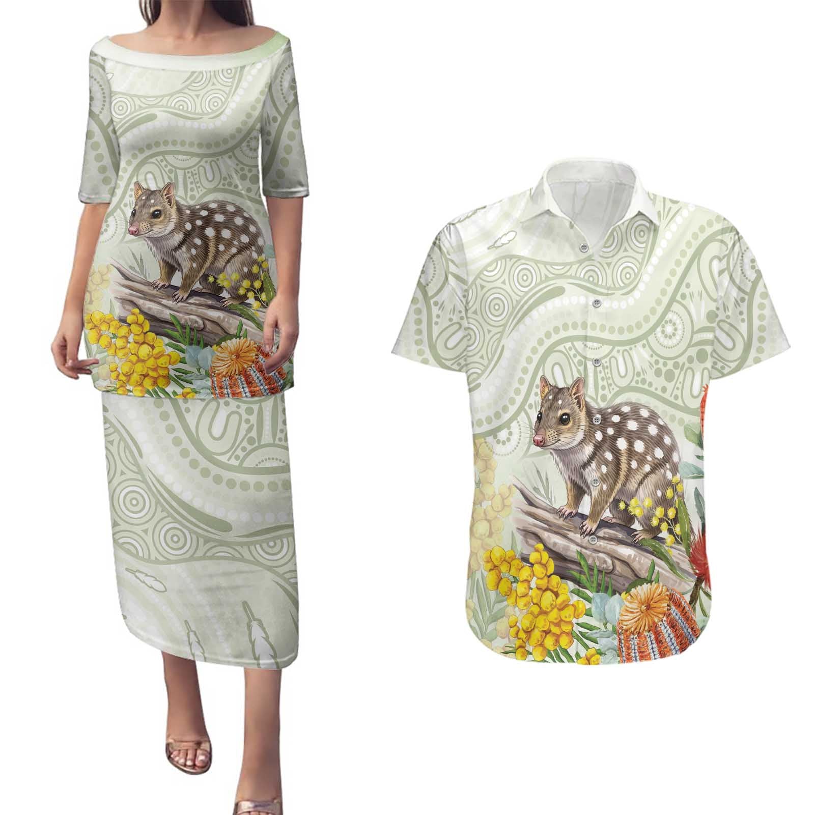 Eastern Quoll Australia Couples Matching Puletasi and Hawaiian Shirt Watercolor National Flowers Indigenous Art - Aussie Hoodie