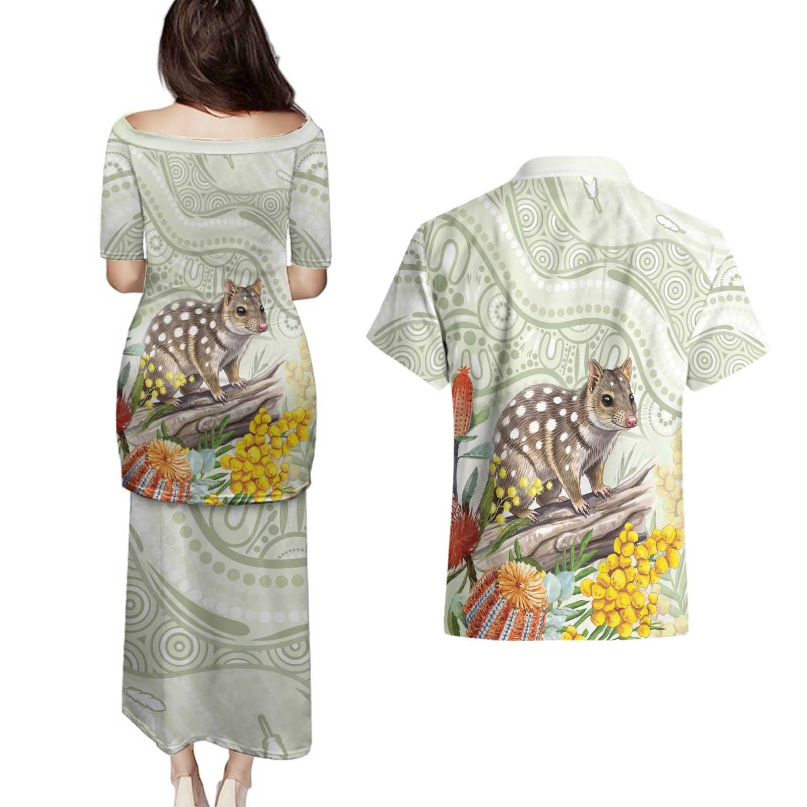 Eastern Quoll Australia Couples Matching Puletasi and Hawaiian Shirt Watercolor National Flowers Indigenous Art - Aussie Hoodie