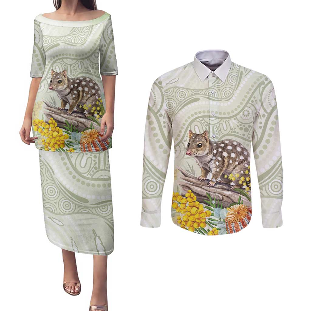 Eastern Quoll Australia Couples Matching Puletasi and Long Sleeve Button Shirt Watercolor National Flowers Indigenous Art - Aussie Hoodie