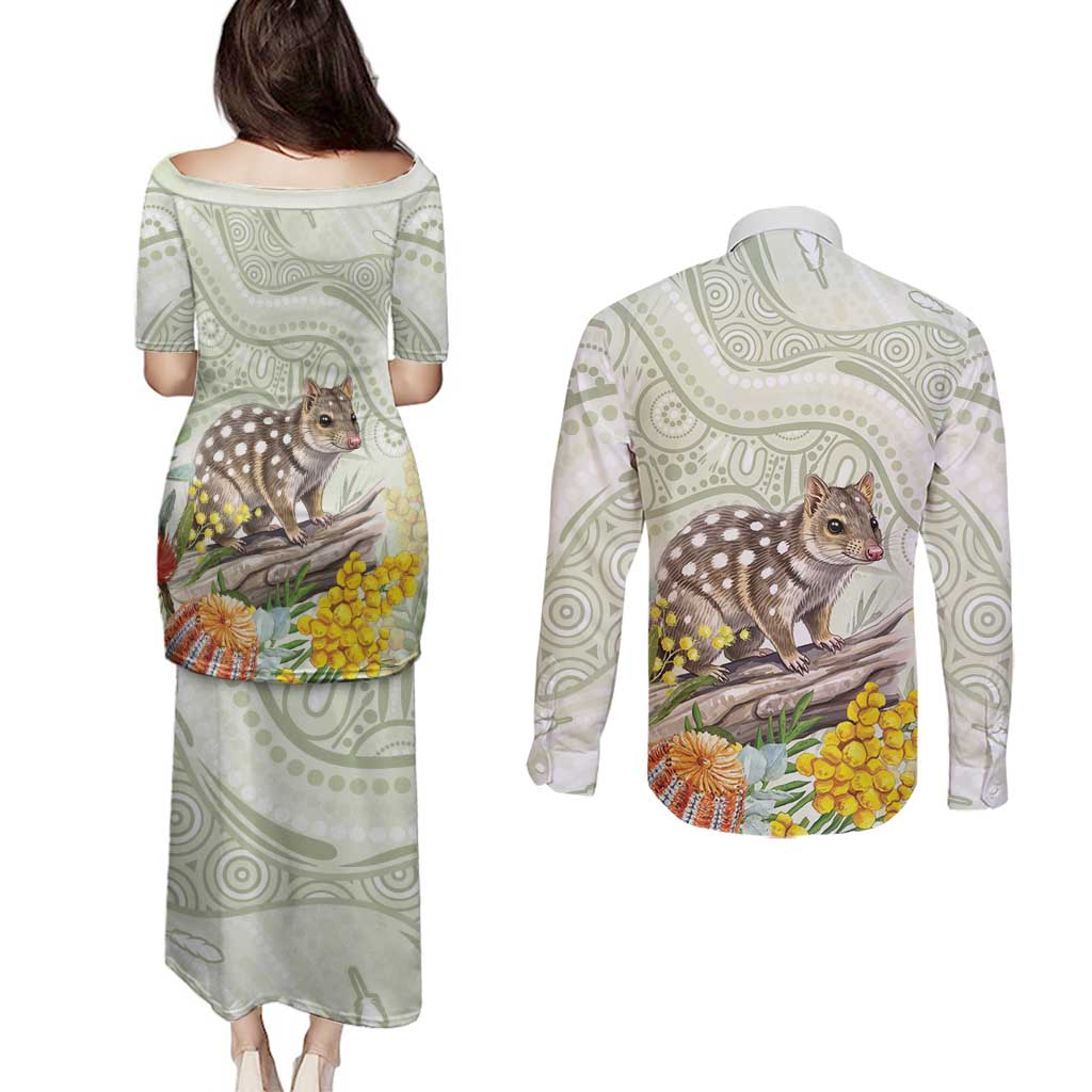 Eastern Quoll Australia Couples Matching Puletasi and Long Sleeve Button Shirt Watercolor National Flowers Indigenous Art - Aussie Hoodie