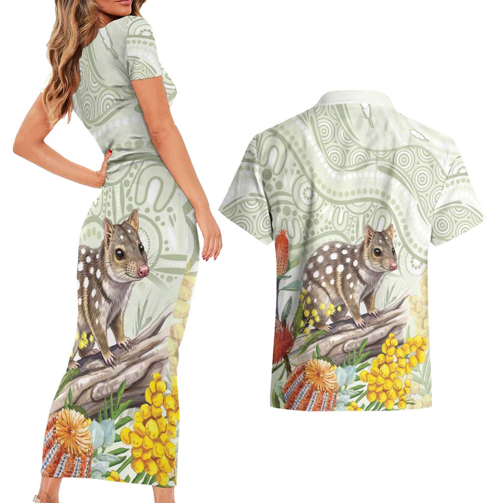 Eastern Quoll Australia Couples Matching Short Sleeve Bodycon Dress and Hawaiian Shirt Watercolor National Flowers Indigenous Art - Aussie Hoodie