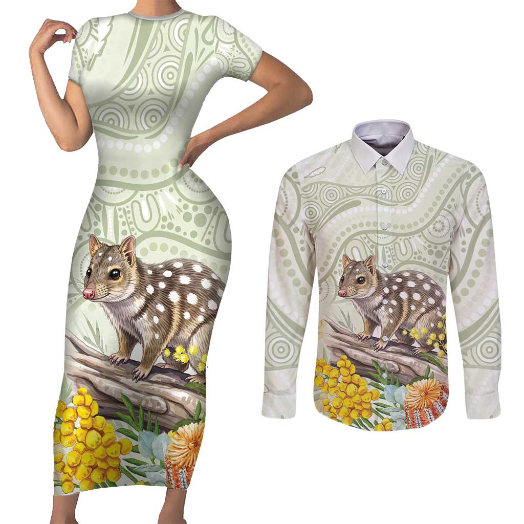 Eastern Quoll Australia Couples Matching Short Sleeve Bodycon Dress and Long Sleeve Button Shirt Watercolor National Flowers Indigenous Art - Aussie Hoodie
