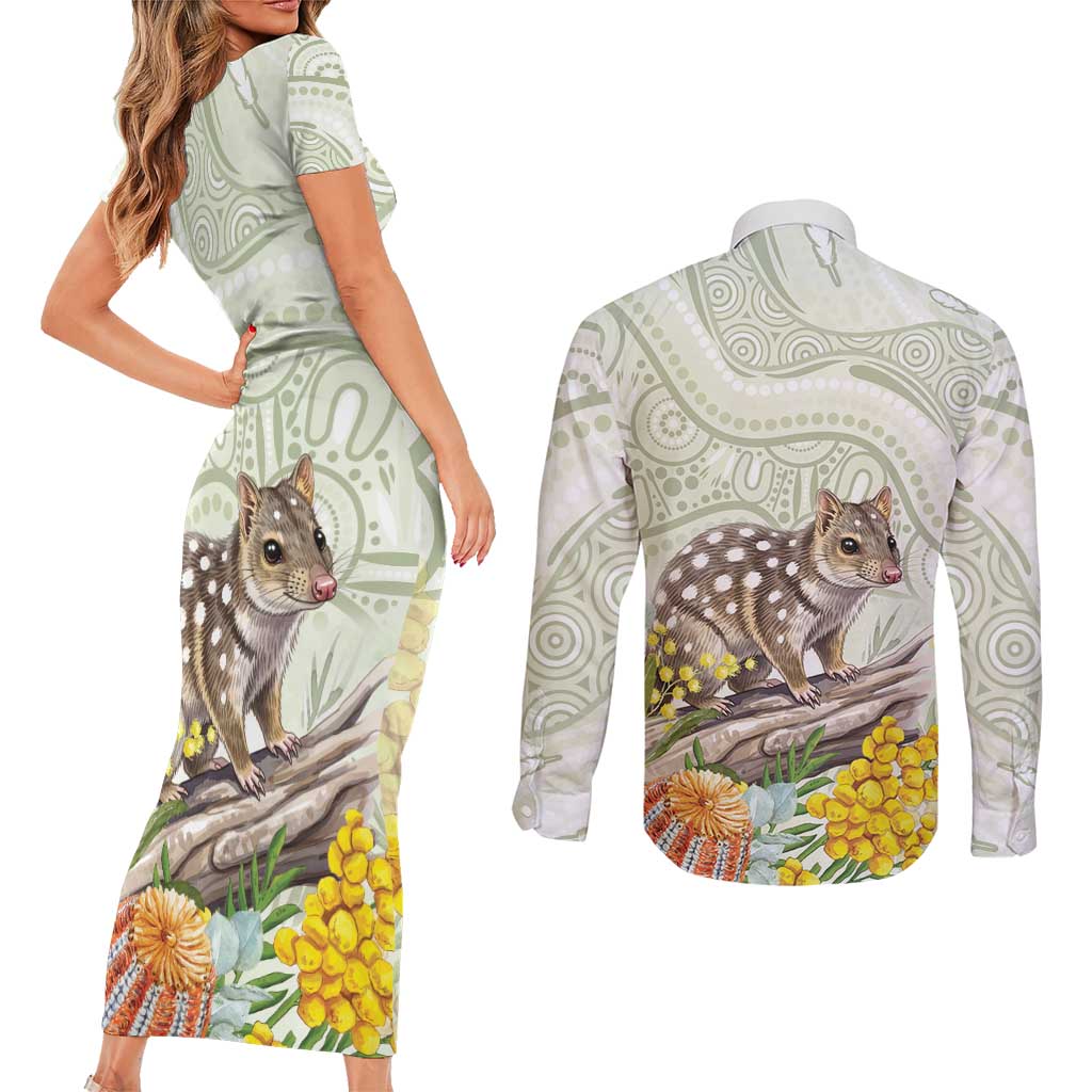 Eastern Quoll Australia Couples Matching Short Sleeve Bodycon Dress and Long Sleeve Button Shirt Watercolor National Flowers Indigenous Art - Aussie Hoodie