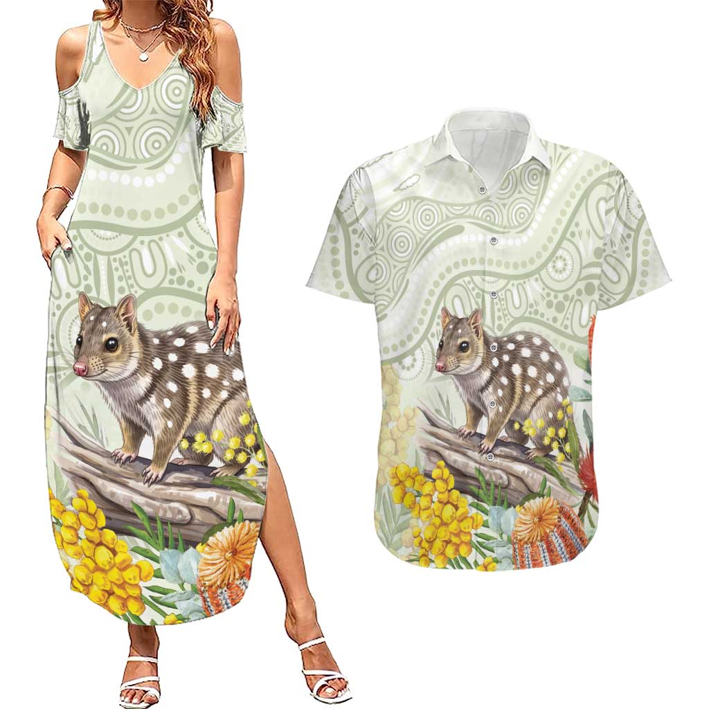 Eastern Quoll Australia Couples Matching Summer Maxi Dress and Hawaiian Shirt Watercolor National Flowers Indigenous Art - Aussie Hoodie